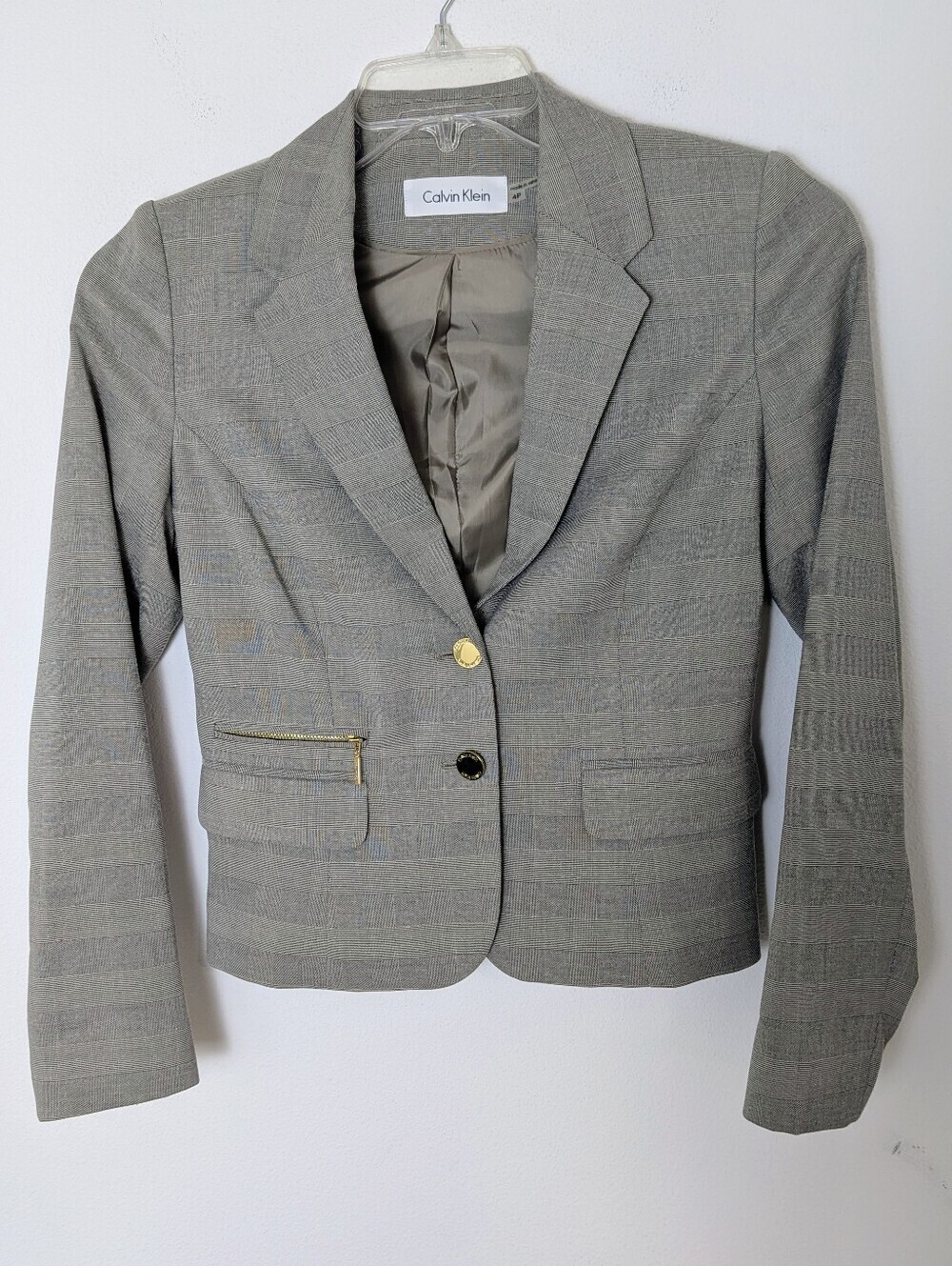 Calvin Klein Jacket Blazer Houndstooth Lined Gray Gold Button Pocket Size 4 P